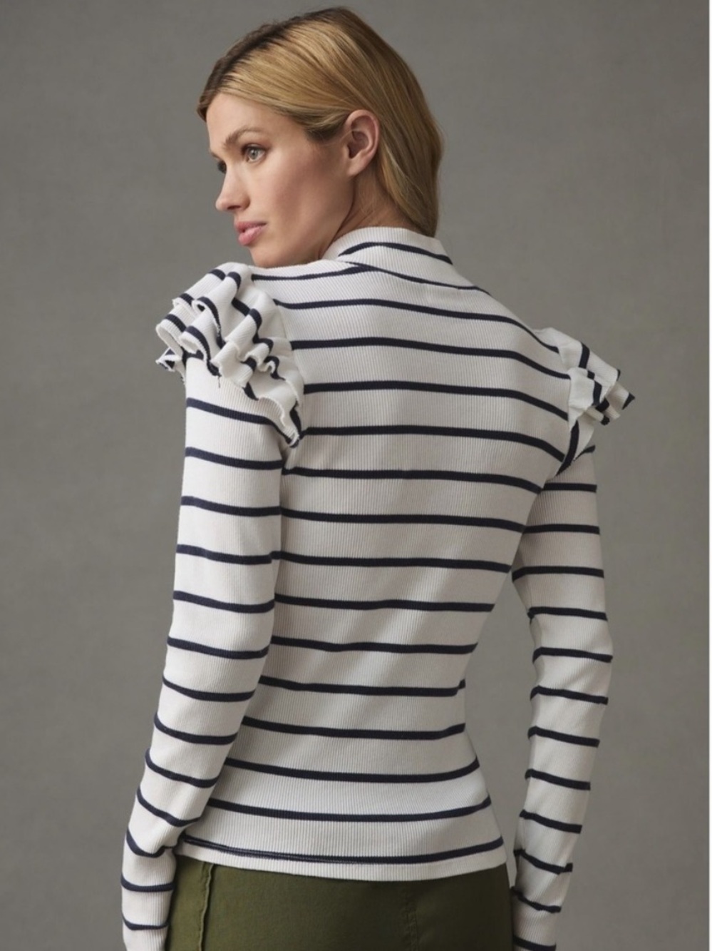 Anthropologie T.LA Ruffled Turtleneck Top Black Cream Stripe Medium - Picture 2 of 6